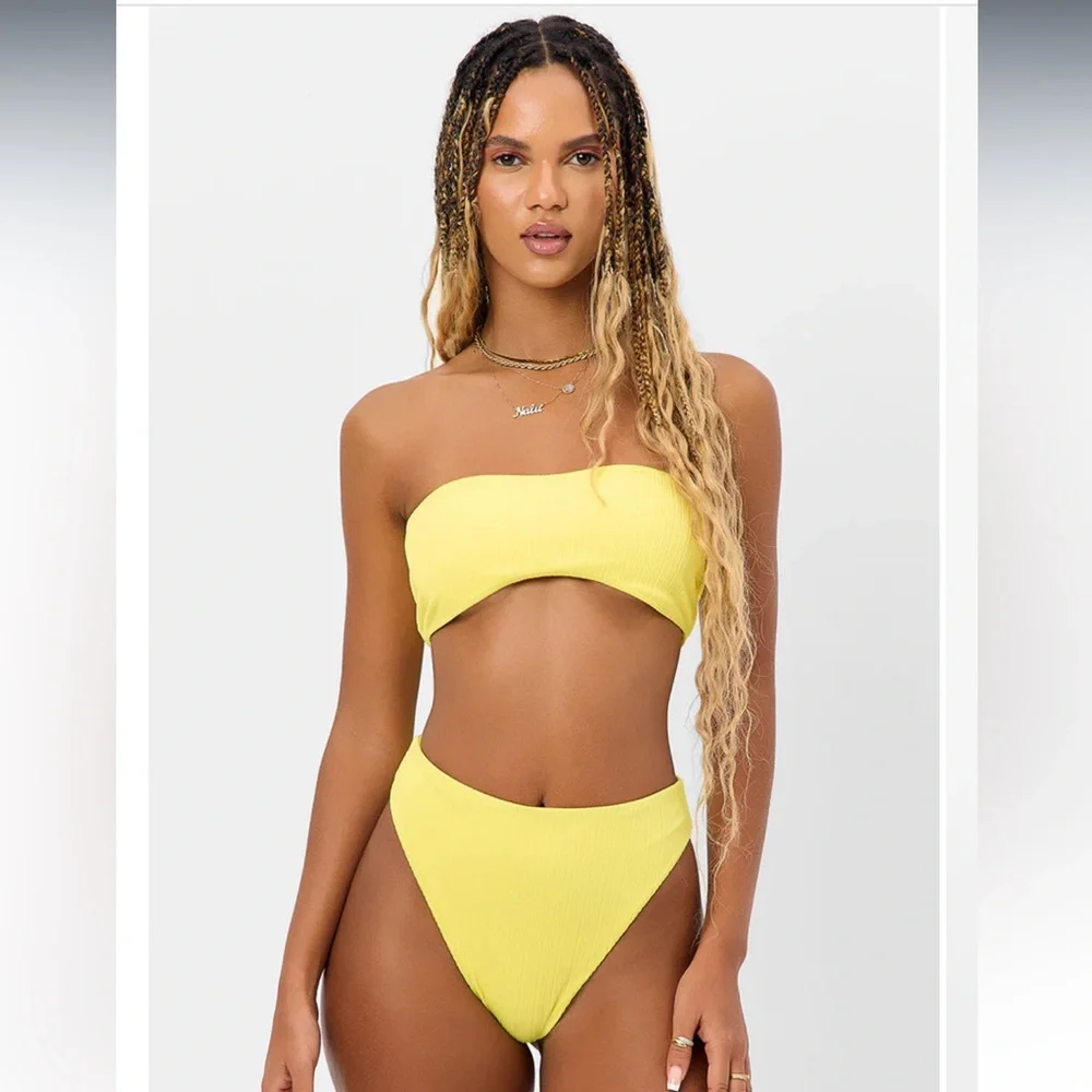 NWT Frankies Bikinis Jean Bandeau Plisse Top in Pina Colada, Size M